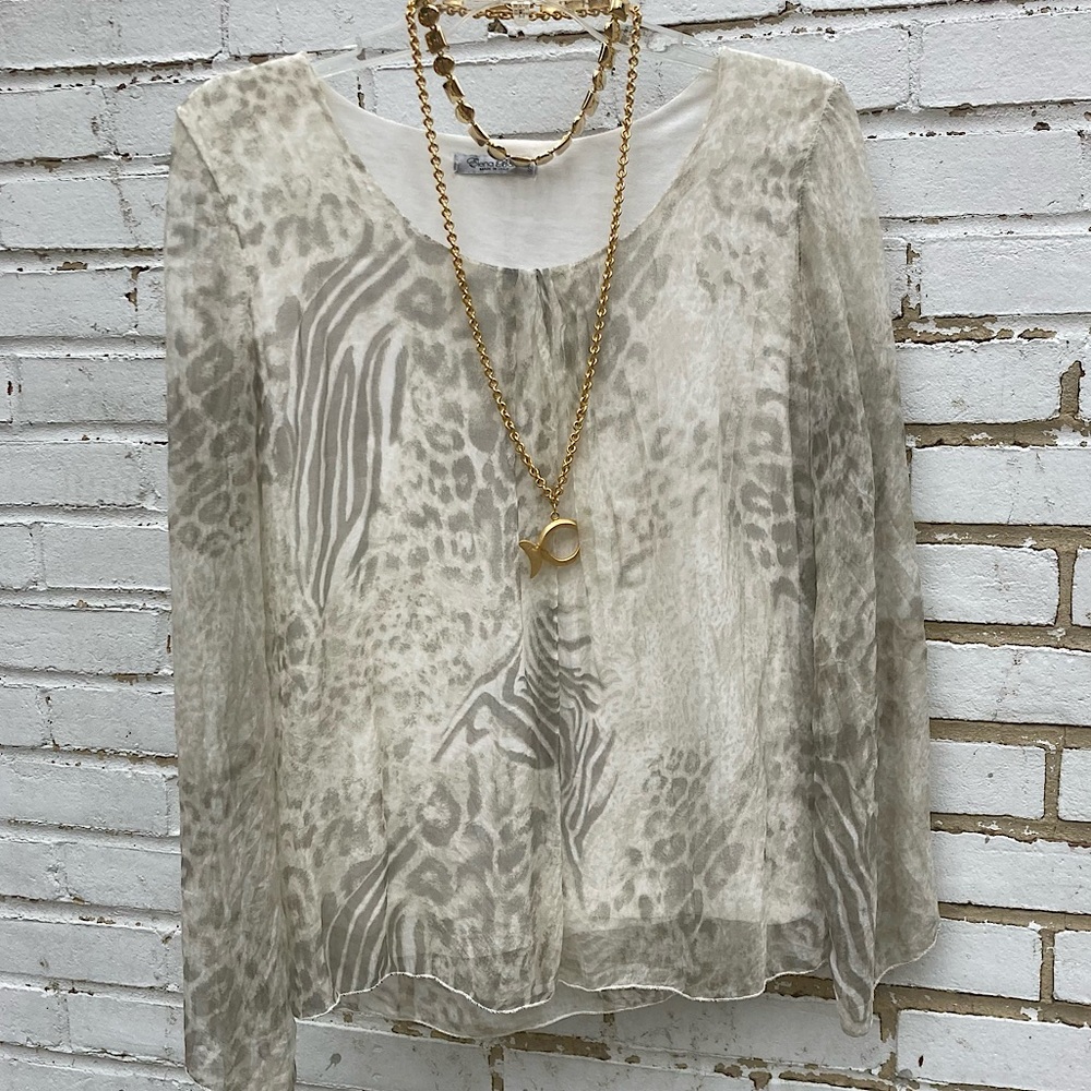 Elena Baldi Silk Sheer Lined Animal Print Top sz S Made In Italy